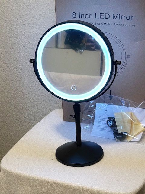 New, 8-inch Double Sided, 1x10x Large Lighted Makeup Mirror, LED Rechargeable 3 Color, Brightness Adjustable Height, Black