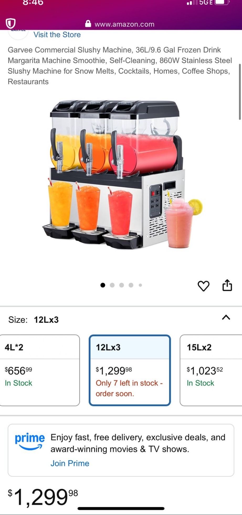 Garvee Commercial Slushy Machine 36L/9.6 Gal Frozen Drink, Margarita Smoothie Self Cleaning 860W Stainless Steel 12Lx3 **$1,300 AMAZON RETAIL