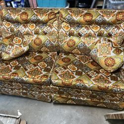 vintage orange & gold geometrical patterned floral patchwork modern tuxedo style love seat Sleeper Sofa 
