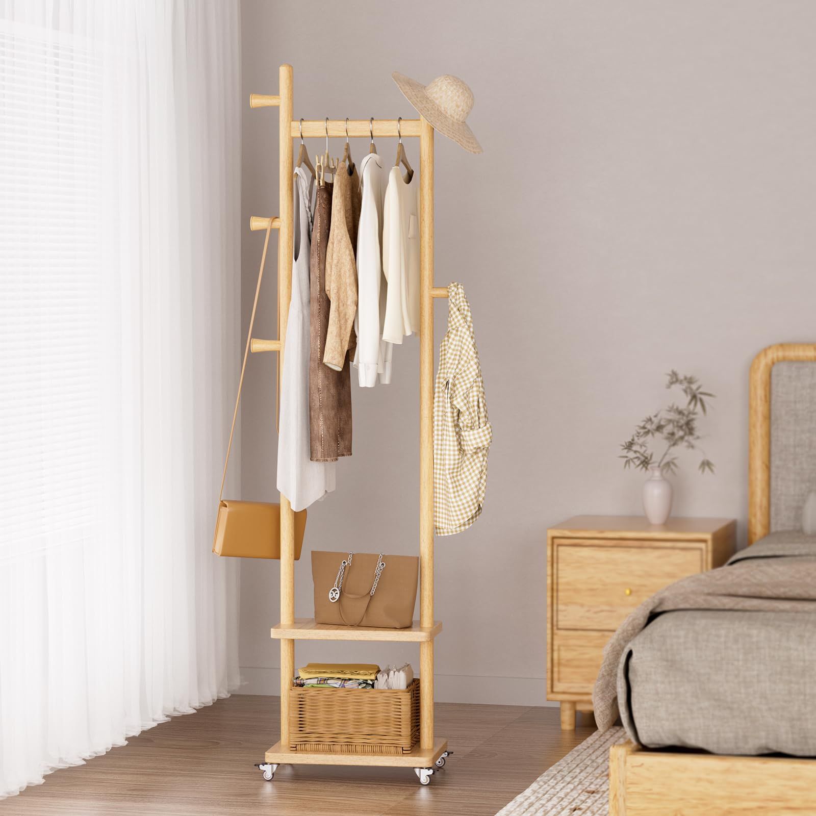 New Solid Wood Coat Rack With Wheels