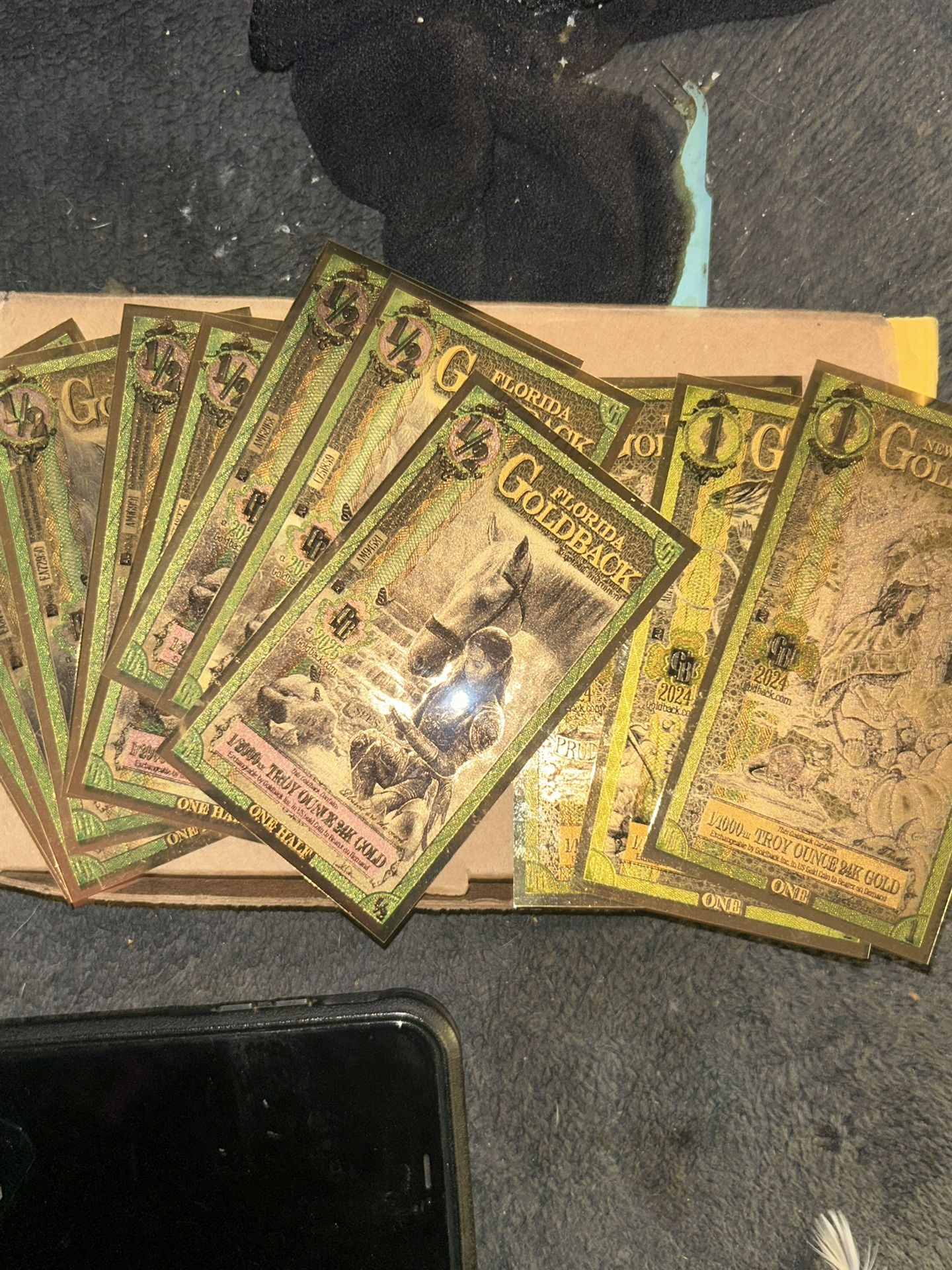 nine Individual Half Gold Backs/1/2000th Troy Ounce Of 24 Karat Gold And 3/1Dollar Go Back
