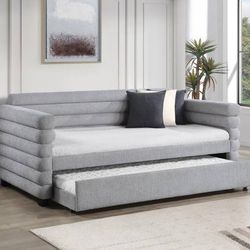 Modern Twin Daybed with Trundle in Soft Boucle Grey Fabric~