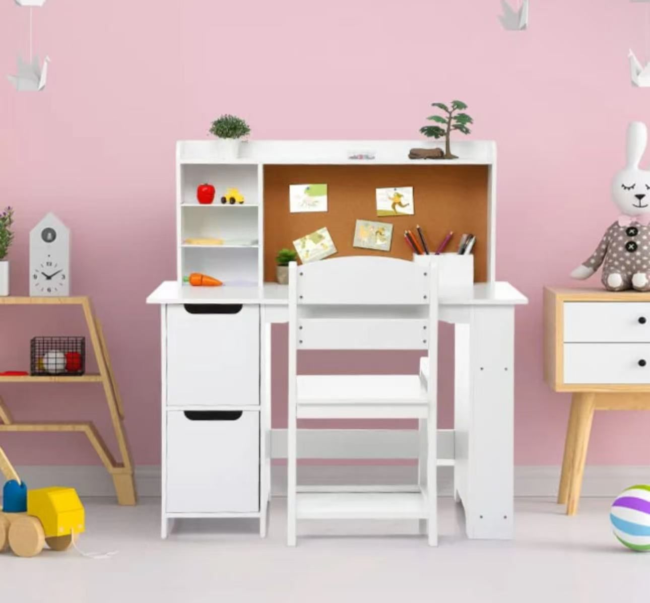 ❤️Study Desk with Chair&Bulletin Board Wooden Table and Chairs Set