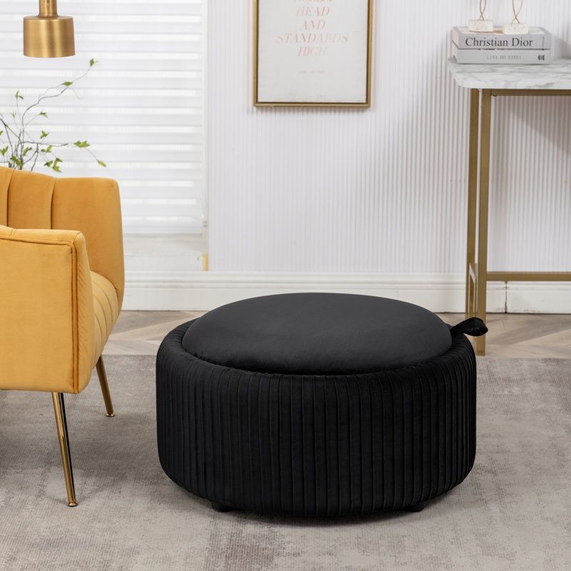 Brand New Savinien 29” Upholstered Round Storage Ottoman Modern Home Black