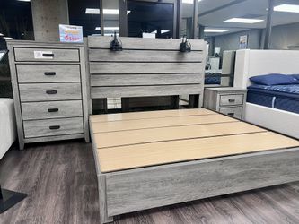 King Platform Bed w Lights, Chest , Nightstand &Mattress!
