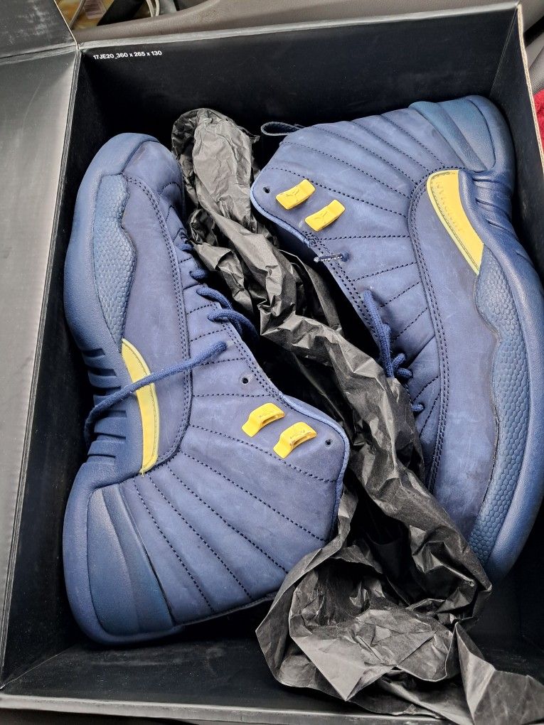 Air Jordan 12 Retro Michigan Wolverine Blue Yellow Gold French UNC Flu- Sjze 11