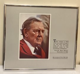 ALABAMA football Coach Bear Bryant framed photo Quote Birmingham Post Herald ‘82