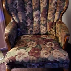 Vintage Chair & Foot Stool With Oak Trim