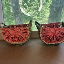 2 Small Vintage Watermelon Woven Wicker Baskets with Handles