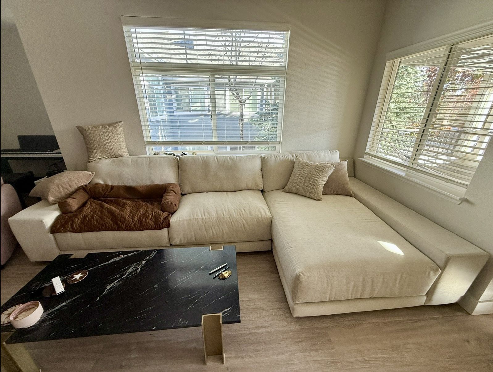 Beige Performance 2 Piece Sectional With Right Arm Facing Chaise, Contemporary, Modern, Scandinavian