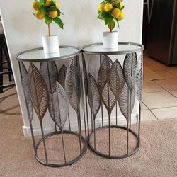 2 Lightweight Metal Mirrored Top Side Or Accent Tables Leaf Pattern Both For $50