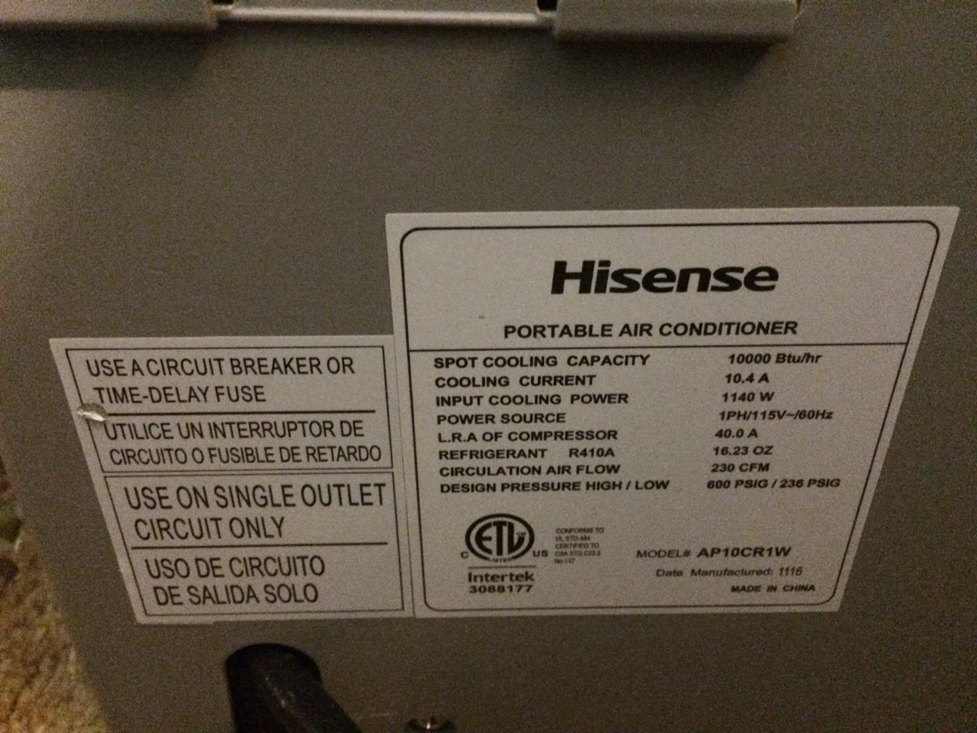 Hisense portable air conditioner AC model AP10cr1w 10,000 BTU 1140