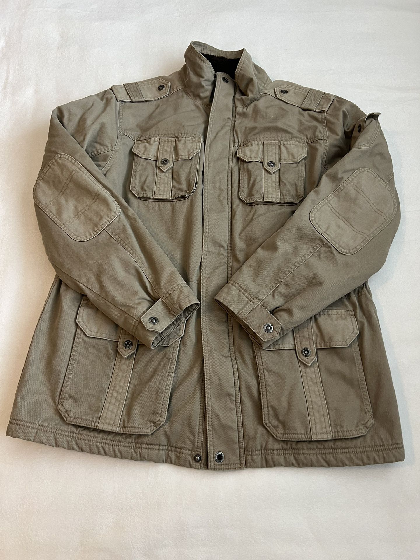 LL Bean Distressed Beige military Style Field Coat Sherpa Lined Thinsulate Sz L