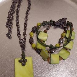 SILPADA OXIDIZED STERLING SILVER GREEN MOTHER-OF-PEARL, PYRIT NECKLACE & BRACELET SET 