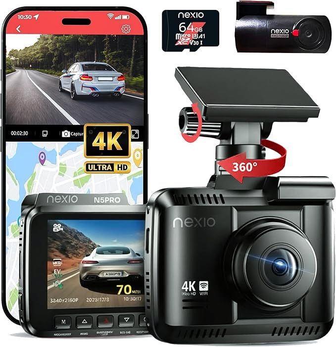 NEXIO N5Pro 4K Dual Dash Cam, WiFi 6, ADAS Alerts, Night Vision, 24-Hr Parking Surveillance, GPS & Bluetooth, 4K 2160P Front & 1080P Rear Cameras, 64G