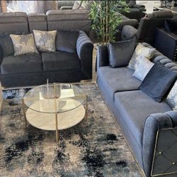 Selena Black Velvet Living Room Set / 2pc