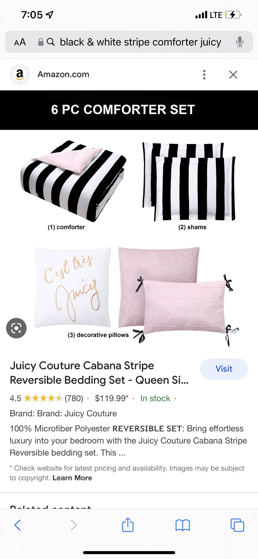 6 Piece Reversible Juicy Couture Comforter Set-Black/White Stripe & Baby  Pink for Sale in Costa Mesa, CA - OfferUp