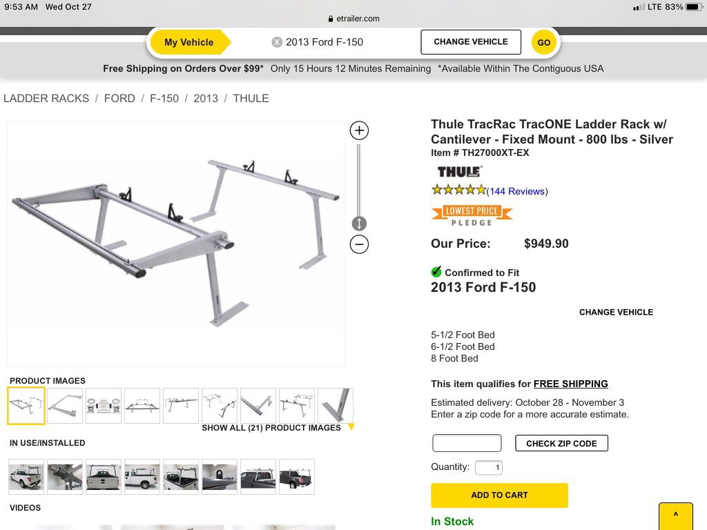 Thule TracRac Ladder Rack W/ Cantilever And Base Rails For TracRac Sliding.