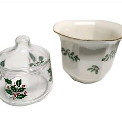 Holly&Berry Holiday Vintage Lenox Octagon Floral Vase 24K trim & Indiana Clear Glass Apothecary Jar