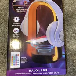 3-in-1 color-changing LED halo lamp with wireless charger & headphones stand