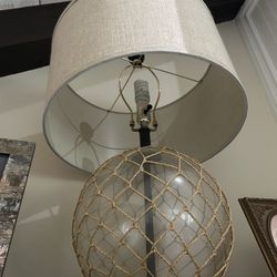 Glass Table Lamp with Rope Net Accent & Linen Shade