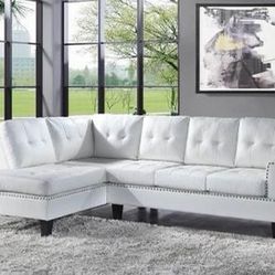 Brand New Tufted White Leatherette Sectional with Nail Head Design
