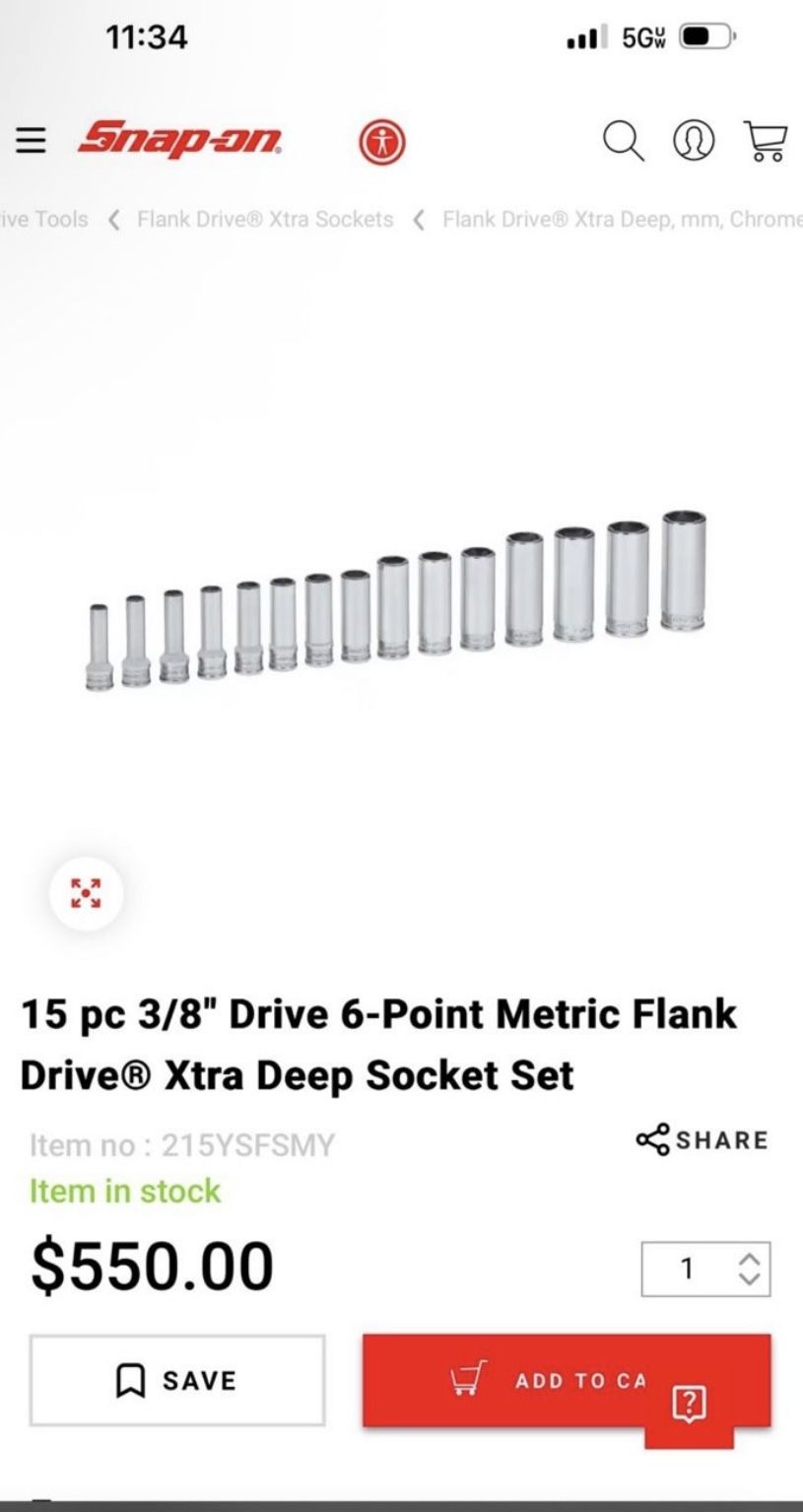 Snap On 15 pc 3/8" Drive 6-Point Metric Flank Drive® Xtra Deep Socket Set
