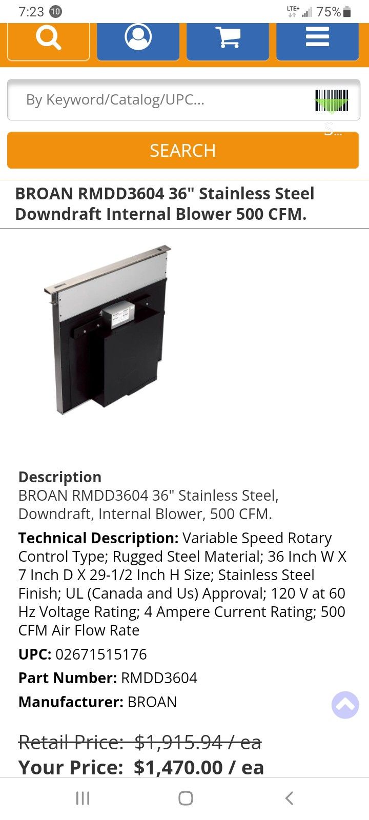Broan Elite Rangemaster RMDD3604 Downdraft Ventilation System with Internal or External Blower Options Heat Sentry Infinitely Adjustable Control.