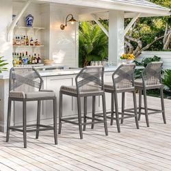 Set of 4 Outdoor Bar Stools, Rattan Outdoor Counter Height Bar Stools, 26.5" H Woven Rope Patio Bar Chairs with Aluminum Legs，Slate Gray