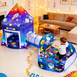 Willingheart 3 in 1 Rocket Ship Play Tent with Tunnel Ball Pit for Kids Space Themed Pop Up Playhouse Indoor Outdoor Astronaut Tent Set Toy Gift for B