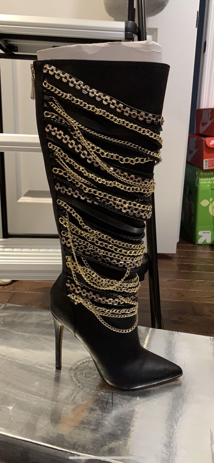 Knee High Black And Gold Boot