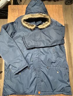 Vintage Flying Jacket Parka 1X Navy Blue Orange Lined Faux Fur Hood Military