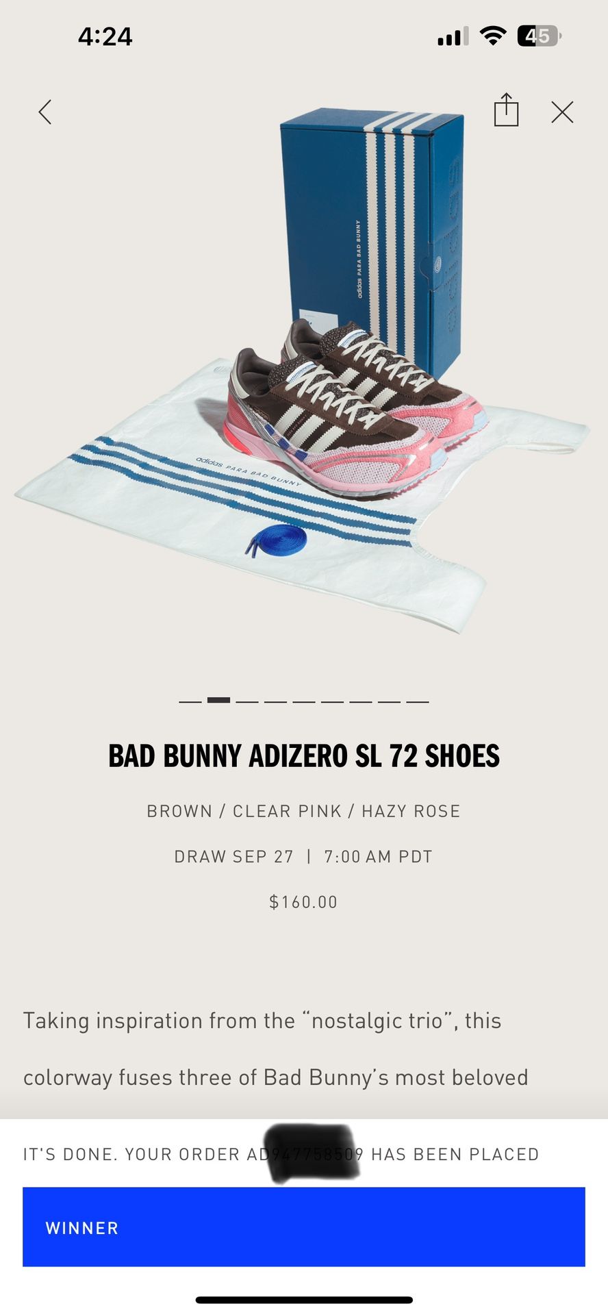 BAD BUNNY ADIDAS ADIZERO SL 72 (Size 9.5 Mns)