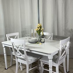 White Transitional Dining Table & 4 Chairs SOLID WOOD