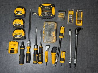 DEWALT Tool & Accessory Lot – Tape Measures, MAXFIT Bits, Right Angle Attachments + Bag