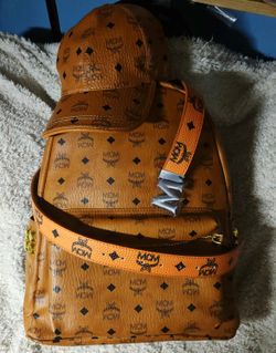Brand New MCM Cognac Stark Studded And Viscellos Large Backpack Matching Hat And Belt Retail $2,300