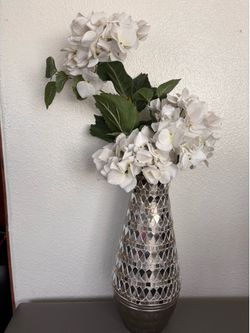 Silver vase with hydrangea flowers