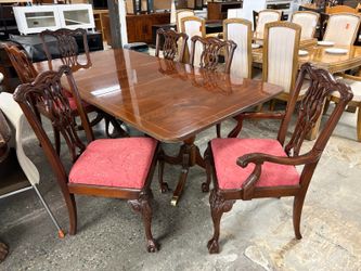 BERNHARDT Flame Mahogany Chippendale Extension Table w/ 6 Red Upholstered Chairs