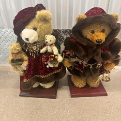 Large 19” Teddy Bears dressed as Santa on a wood stand with toys and stockings $20 each