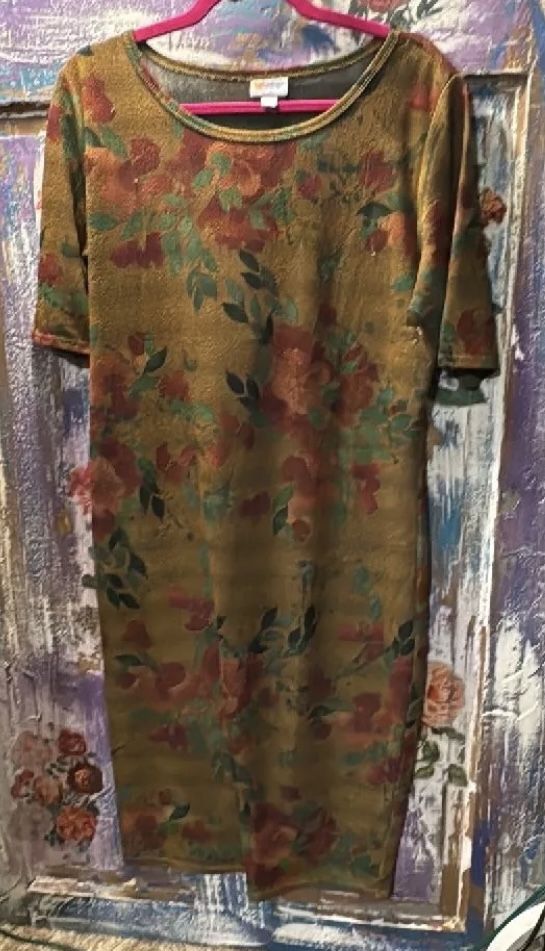 LuLaRoe XL Julia Dress Thicker Knit Tan Brown Watercolor Floral like new smoke free 