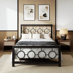 Full Size Metal Platform Bed Frame with Modern & Vintage Headboard and Footboard, Black