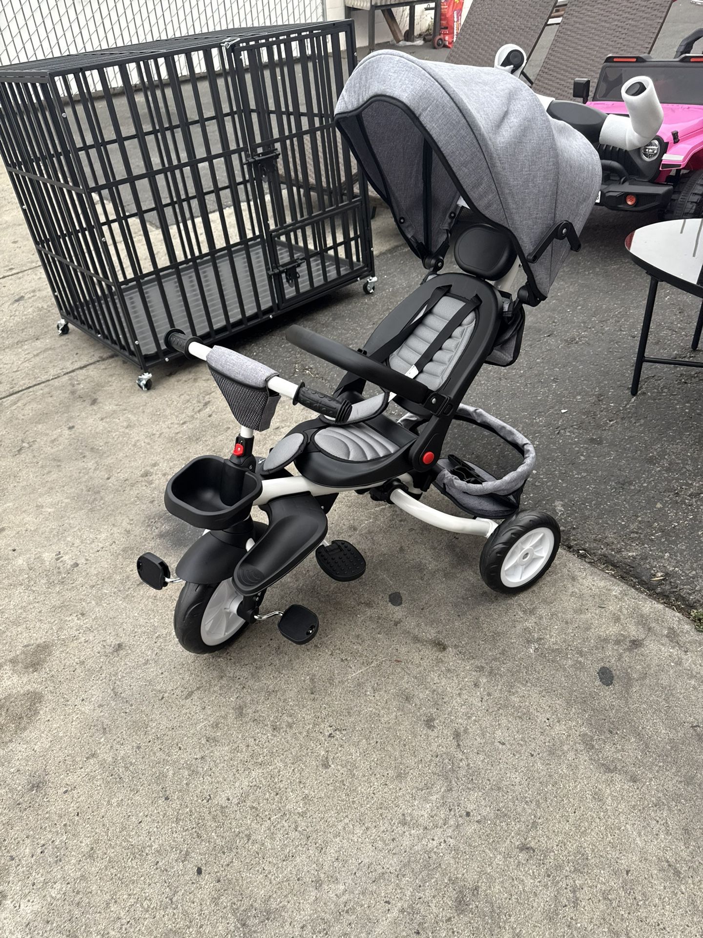 Triciclo de bebé 7 en 1, triciclo plegable para niños pequeños con mango de empuje extraíble ajustable, arnés de seguridad, freno, asiento giratorio, 