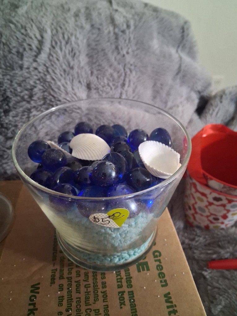 New, Glass Dish With Shells, Blue Marbles And Sand