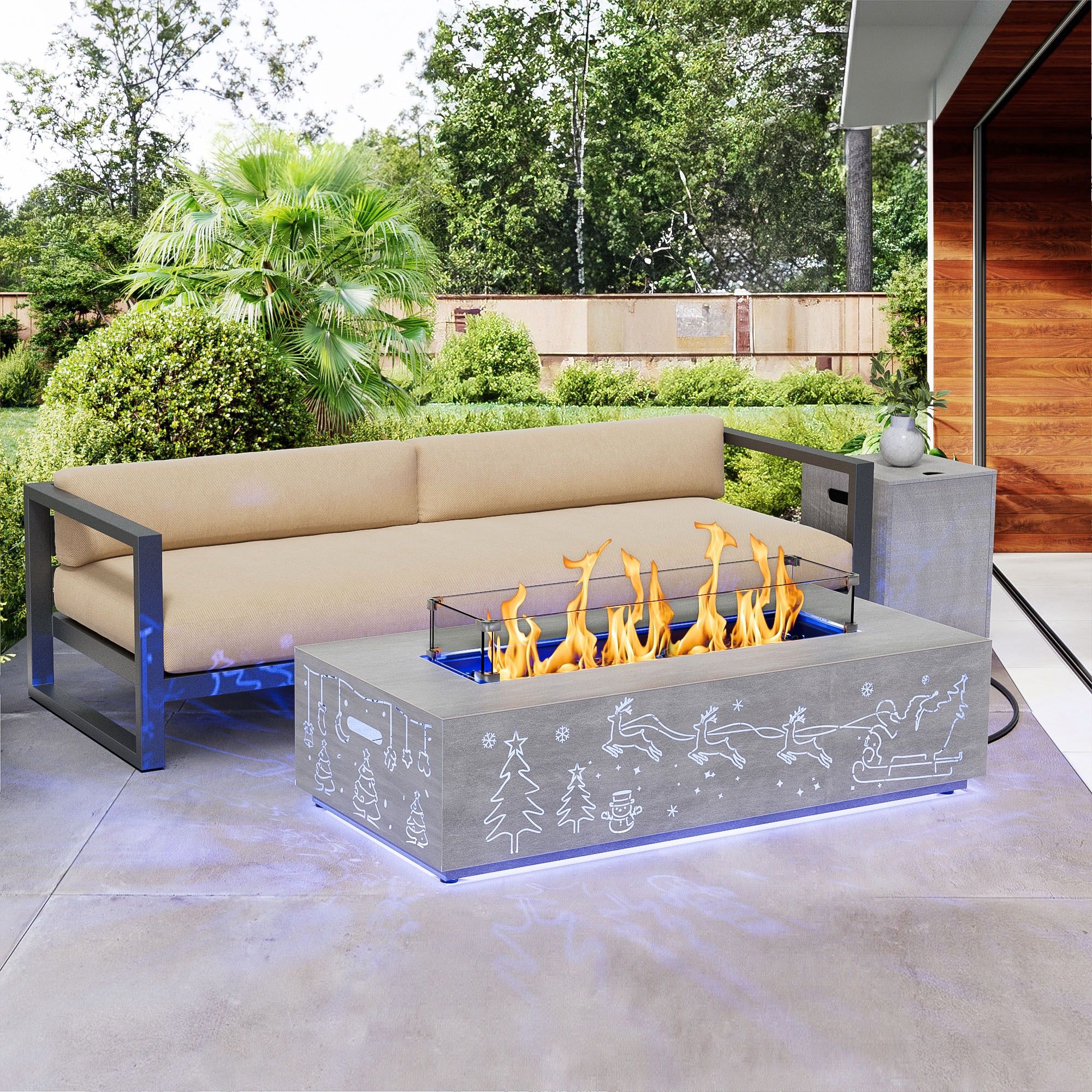 Outdoor Christmas Style 12.6’’ H X 42’’ W Metal Propane Outdoor Gas Fire Pit Table With Colorful Rgb Light