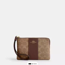 Tan/Brown Coach corner zip wristlet New