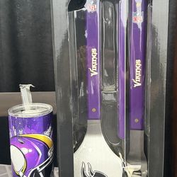 NEW NFL Minnesota Vikings 3 pc BBQ tool set & Slim Tumbler Cup with straw!