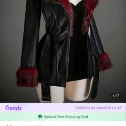 Gothic Fluffy Lined Faux Leather Coat LARGE 