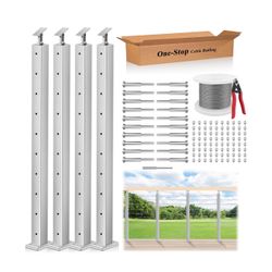 One-Stop Cable Railing Post Kits, 4Pack Brushed Finish Level Drilled Line Post 36", Adjustable Top Cable Railing System Including 4 Railing Posts, 160