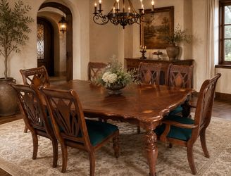 8-Piece Like NEW Mahogany Elegant Carved Wood Dining Set – 6 Chairs + Extension Leaf Walnut Inlay