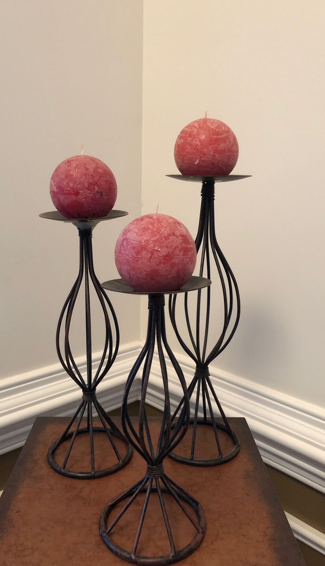 3 metal candle holders WITH candles